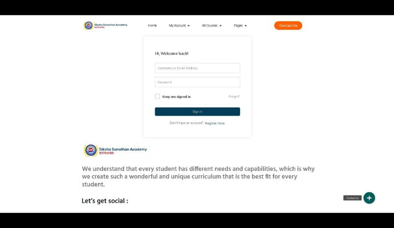 Image of the login page of the Siksha Sansthan Academy Website