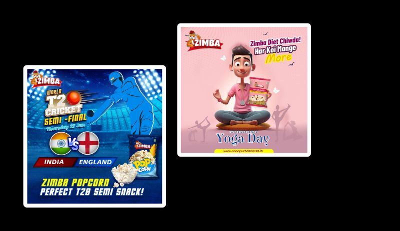 Topical Posters of Zimba's Popcorn on India vs England Final Match and Diet Chidwa on Yoga Day